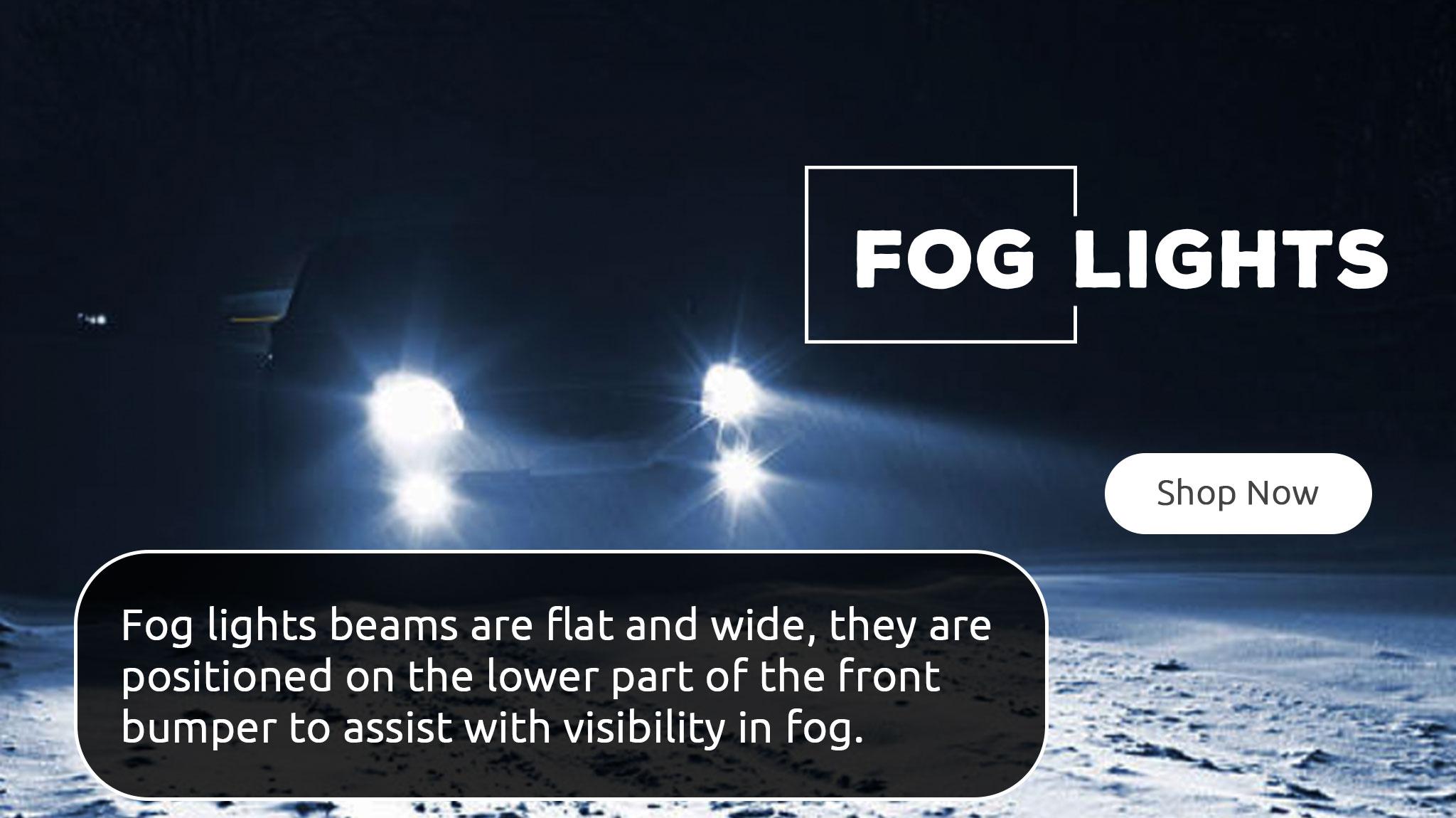 Fog lights beams are flat and wide, they are positioned on the lower part of the front bumper to assist with visibility in fog.