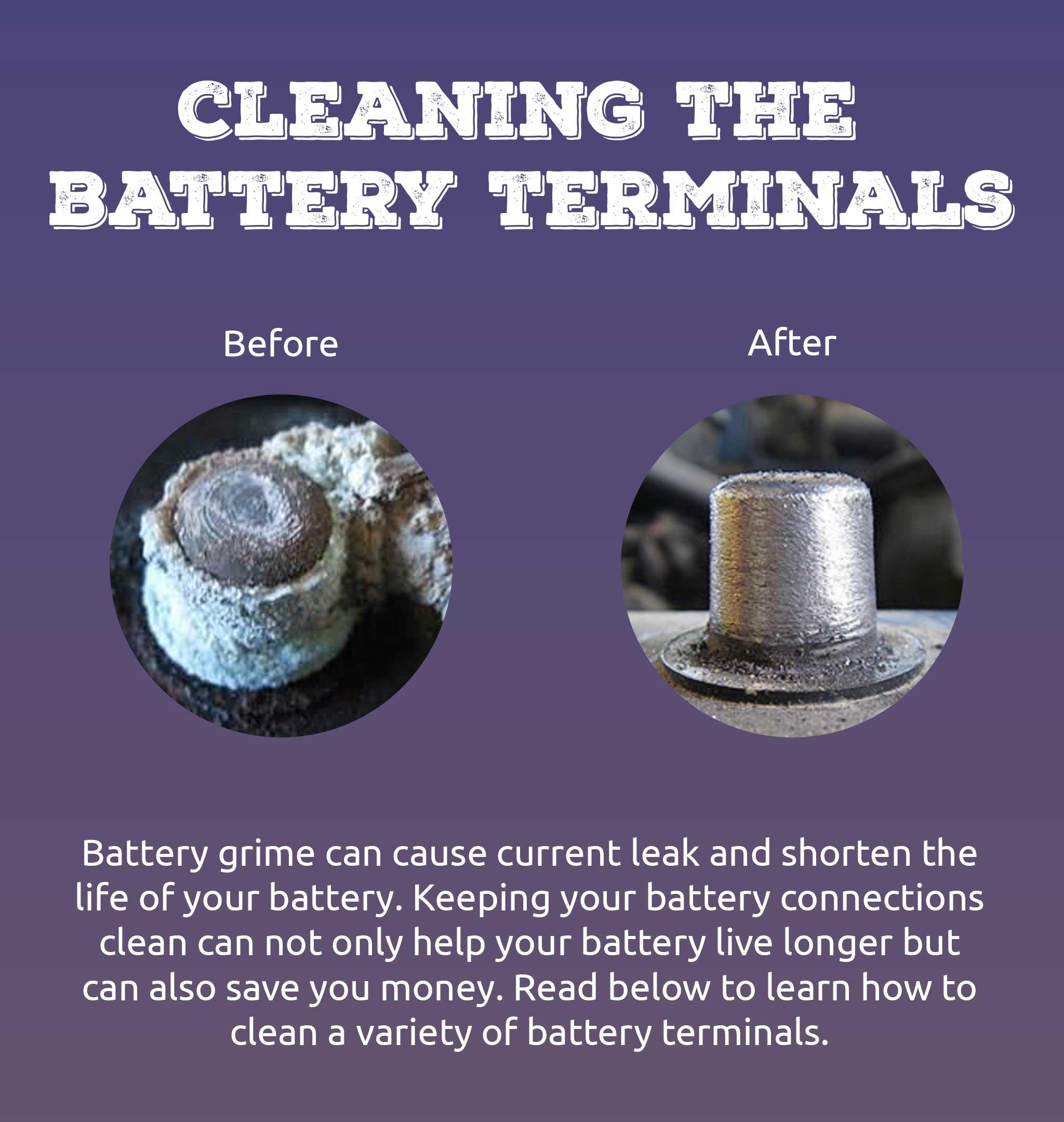 Battery grime can cause current leak and shorten the life of your battery. Keeping your battery connections clean can not only help your battery live longer but can also save you money. Read below to learn how to clean a variety of battery terminals.