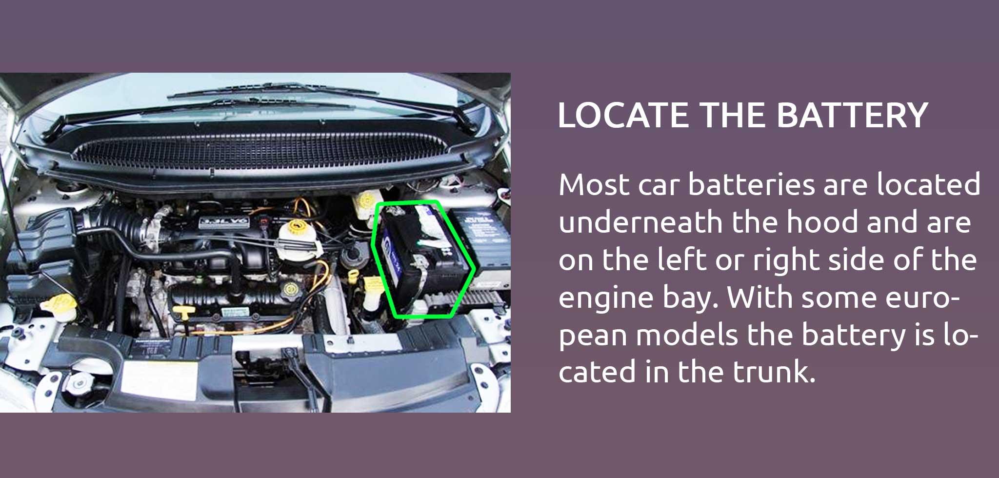 Most car batteries are located underneath the hood and are on the left or right side of the engine bay. With some european models the battery is located in the trunk.