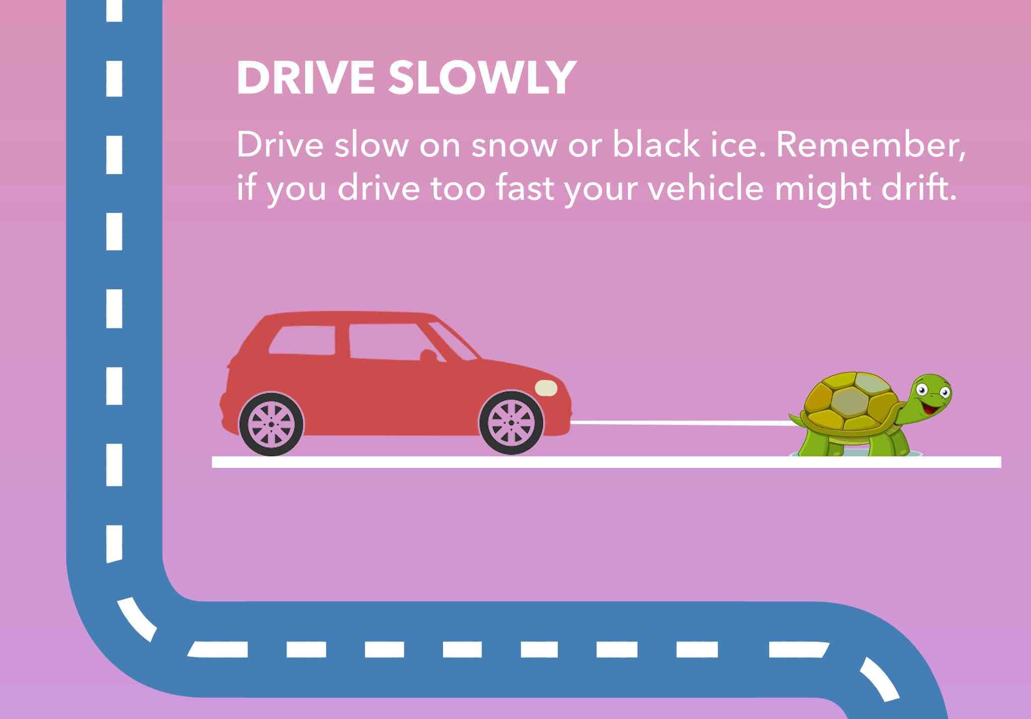 Drive slow on snow or black ice, remember  if you drive too fast your vehicle might drift.