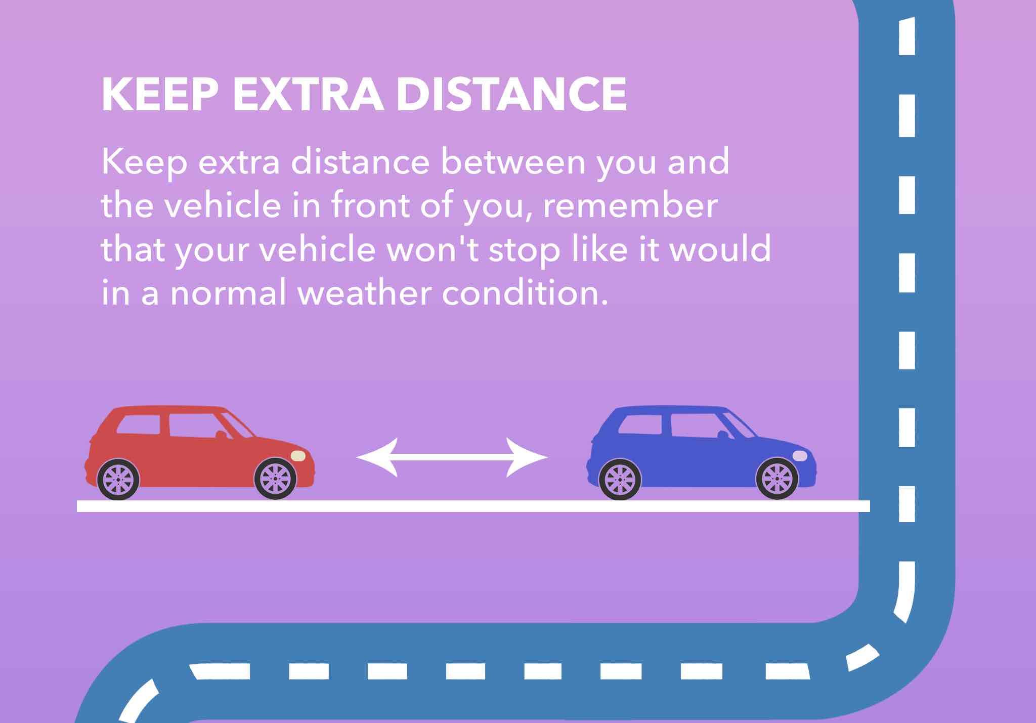Keep extra distance between you and  the vehicle in front of you, remember  that your vehicle won't stop like it would in a normal weather condition.