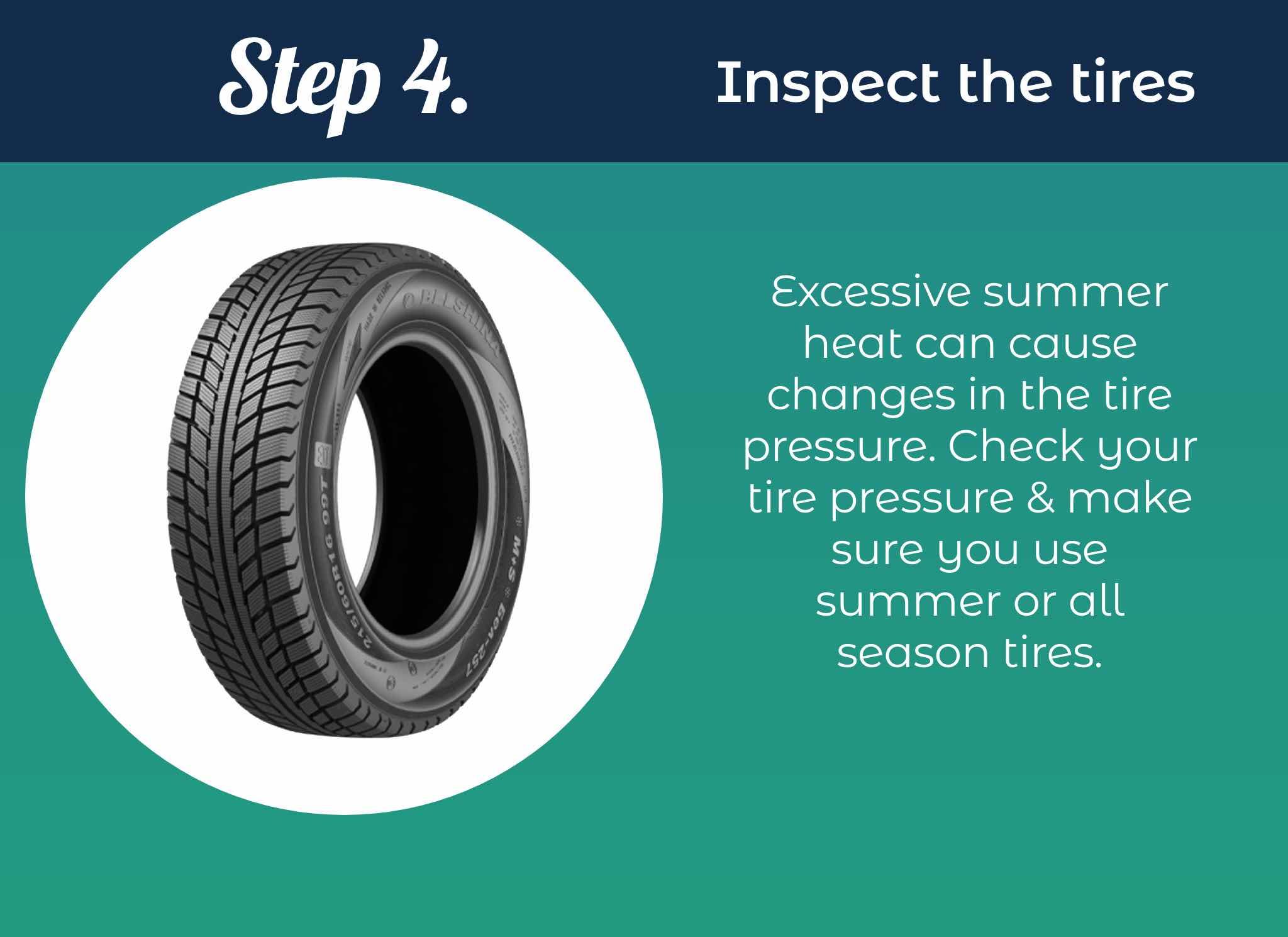 Excessive summer heat can cause changes in the tire pressure. Check your tire pressure & make sure you use summer or all season tires.
