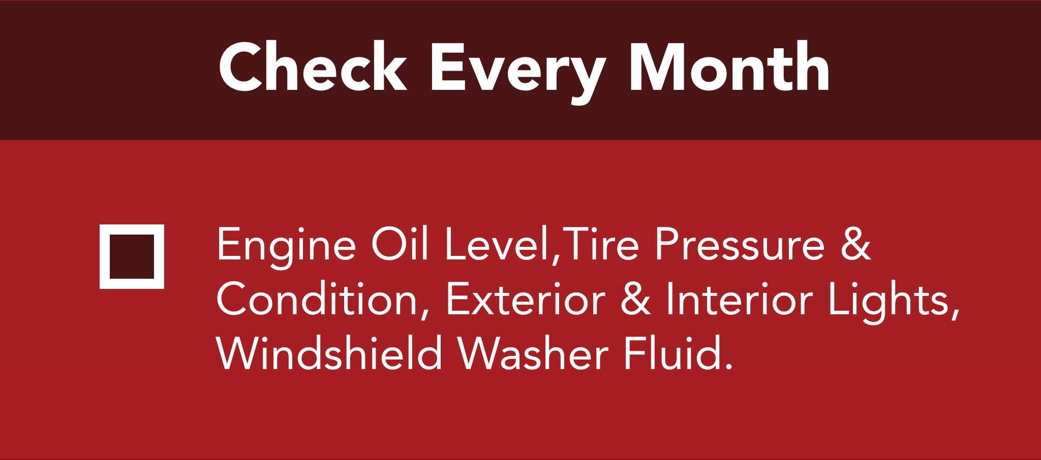 Engine Oil Level,Tire Pressure & Condition, Exterior & Interior Lights, Windshield Washer Fluid.