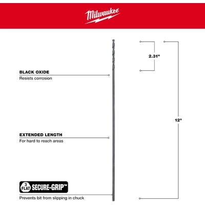 MILWAUKEE - 48-89-2771 - 3/16" x 12" Aircraft Length Black Oxide Drill Bit pa7