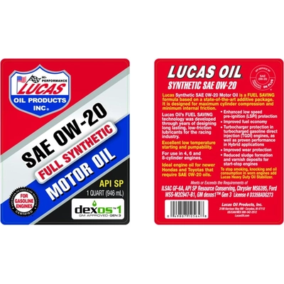Lucas Oil - 10564 - Synthetic Motor Oils - Synthetic SAE 0W-20 - 1 Quart pa2