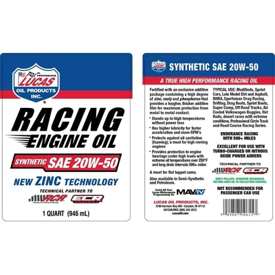 Lucas Oil - 10615 - Racing Only Motor Oil - Synthetic SAE 20W-50 - 1 Quart pa2