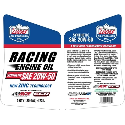 Lucas Oil - 10616 - Racing Only Motor Oil - Synthetic SAE 20W-50 - 5 Quart pa2