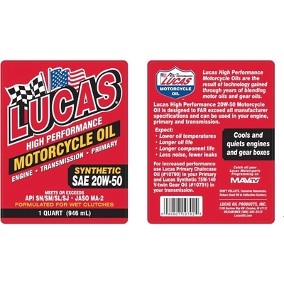 Lucas Oil - 10702 - High Performance Synthetic Motorcycle Oils - Synthetic SAE 20W-50 - 1 Quart pa2
