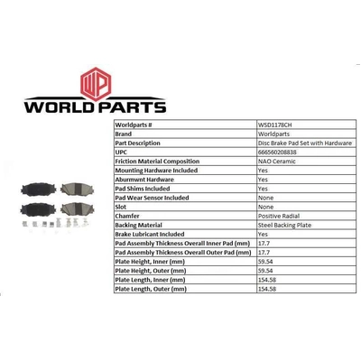 WORLDPARTS SYNERGY - WSD1178CH - Front Ceramic Pads pa1