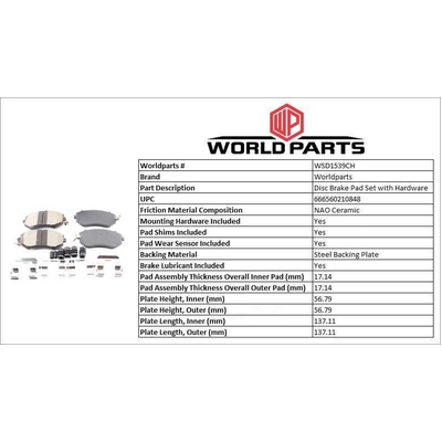 WORLDPARTS SYNERGY - WSD1539CH - Plaquettes avant en céramique  pa2