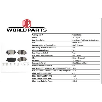 WORLDPARTS SYNERGY - WSD2198CH - Front Ceramic Pads pa1