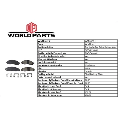 WORLDPARTS SYNERGY - WSD962CH - Front Ceramic Pads pa1