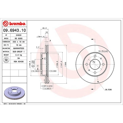 Front Disc Brake Rotor by BREMBO - 09.6943.10 (1 Qty) pa1