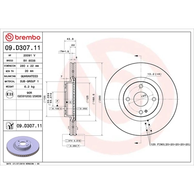 Front Disc Brake Rotor by BREMBO - 09.D307.11 (1 Qty) pa2