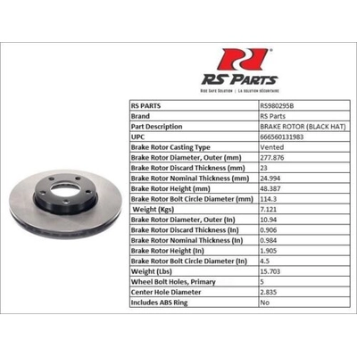 RS PARTS - RS980295B - Disque de frein à disque avant pa5