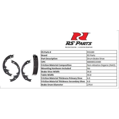 RS PARTS - RSS280 - Front New Brake Shoes pa3