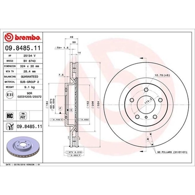 Front Premium Rotor by BREMBO - 09.8485.11 (1 Qty) pa2