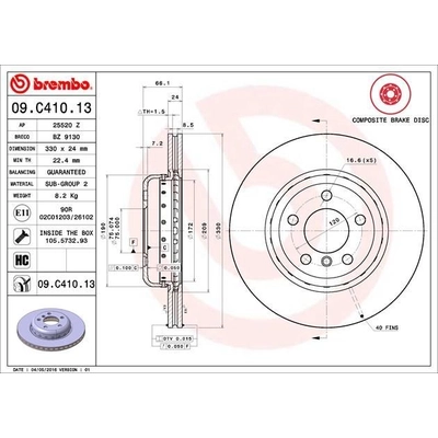 Front Premium Rotor by BREMBO - 09.C410.13 (1 Qty) pa6