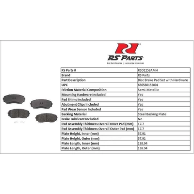 RS PARTS - RSD1258AMH - Front Semi Metallic Pads pa3
