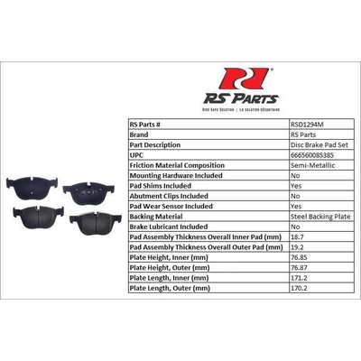 RS PARTS - RSD1294M - Front Semi Metallic Pads pa3