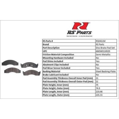 Front Semi Metallic Pads by RS PARTS - RSD411M pa2