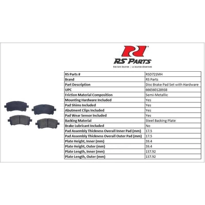 RS PARTS - RSD721MH - Front Semi Metallic Pads pa4