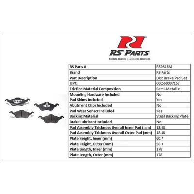 Front Semi Metallic Pads by RS PARTS - RSD816M pa2