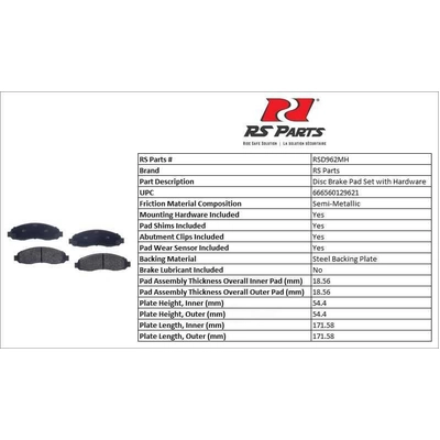 RS PARTS - RSD962MH - Front Semi Metallic Pads pa3