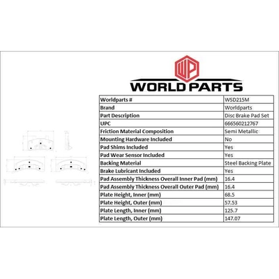 WORLDPARTS SYNERGY - WSD215M - Front Semi Metallic Pads pa2