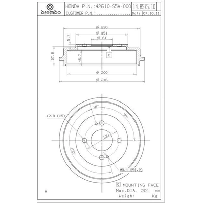 BREMBO - 14.B575.10 - Tambour de frein arrière pa5