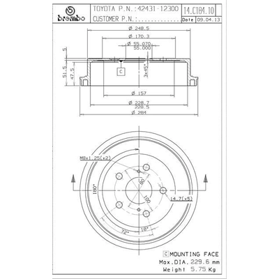 BREMBO - 14.C184.10 - Tambour de frein arrière pa5