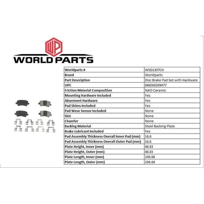 WORLDPARTS SYNERGY - WSD1307CH - Plaquette arrière en céramique pa1