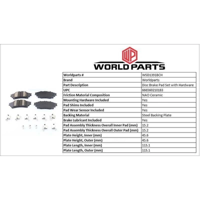 WORLDPARTS SYNERGY - WSD1391BCH - Plaquette arrière en céramique pa2
