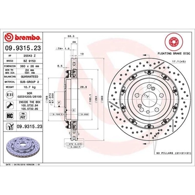 Rear Disc Brake Rotor by BREMBO - 09.9315.23 (1 Qty) pa8