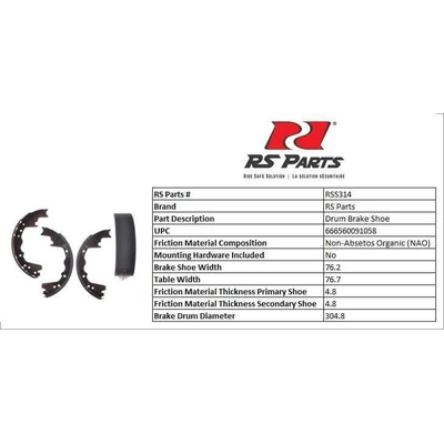 RS PARTS - RSS314 - Rear New Brake Shoes pa5