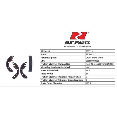 RS PARTS - RSS519 - Rear New Brake Shoes pa4