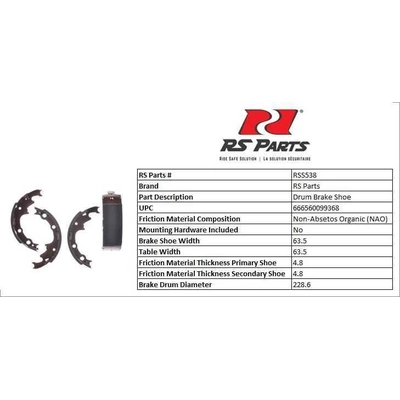 RS PARTS - RSS538 - Rear New Brake Shoes pa3