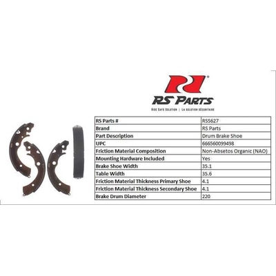 RS PARTS - RSS627 - Rear New Brake Shoes pa4