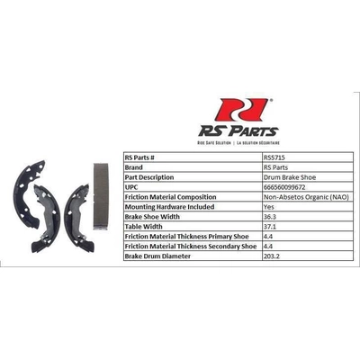 RS PARTS - RSS715 - Rear New Brake Shoes pa3