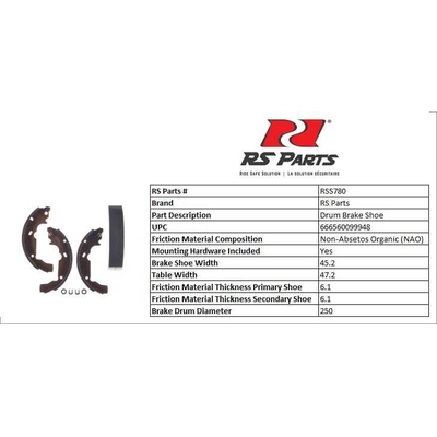 RS PARTS - RSS780 - Rear New Brake Shoes pa4