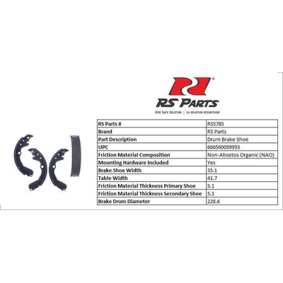 RS PARTS - RSS785 - Rear New Brake Shoes pa3