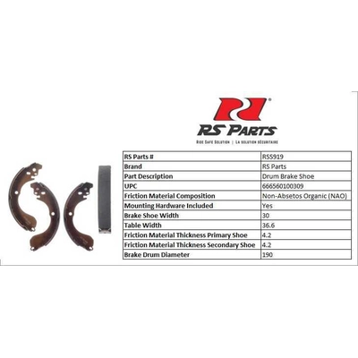 RS PARTS - RSS919 - Rear New Brake Shoes pa3