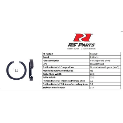 RS PARTS - RSS770 - Rear Parking Brake Shoes pa3