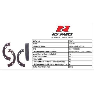 RS PARTS - RSS791 - Rear Parking Brake Shoes pa3