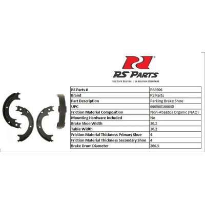 RS PARTS - RSS906 - Rear Parking Brake Shoes pa2