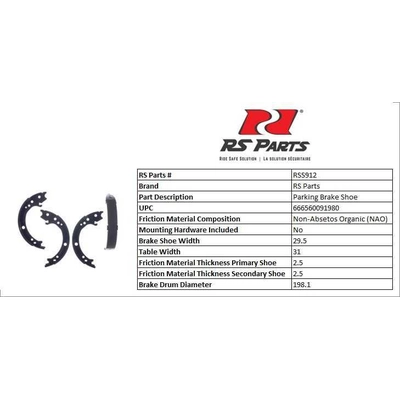 RS PARTS - RSS912 - Rear Parking Brake Shoes pa3