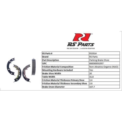 RS PARTS - RSS914 - Rear Parking Brake Shoes pa4
