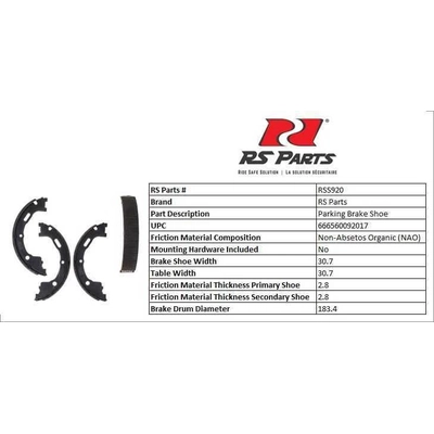 RS PARTS - RSS920 - Rear Parking Brake Shoes pa3