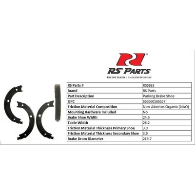 RS PARTS - RSS933 - Rear Parking Brake Shoes pa3