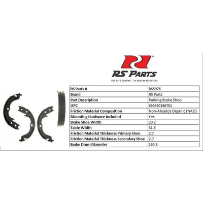 Rear Parking Brake Shoes by RS PARTS - RSS976 pa2